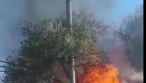Mahalleli çıkan yangını kova ve hortumla söndürmeye çalıştı