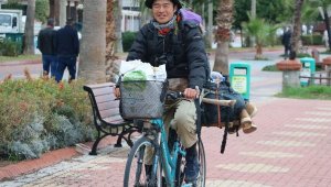 Bisikletiyle dünyayı gezen Japon gezgin, Alanya'yı havadan seyretti