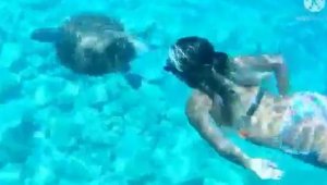 Anne ve kızı caretta caretta ile yüzdü, baba o anları görüntüledi
