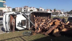 Tomruk yüklü kamyon devrildi; 1 yaralı
