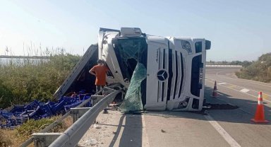 Domates yüklü tır yan yattı