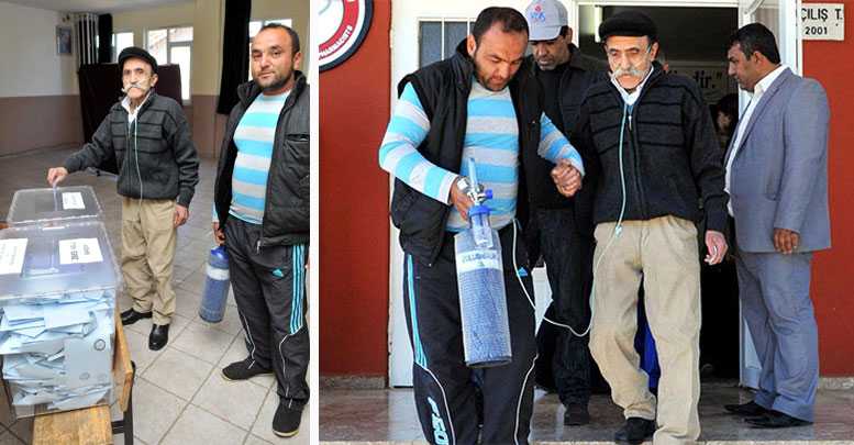 Oksijen tüpüyle oy kullandı